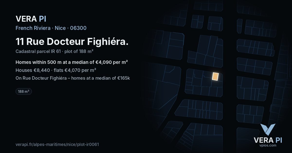 11 Rue Docteur Fighiéra, Nice at night – the plot lit, the parcels around coloured by the prices near them