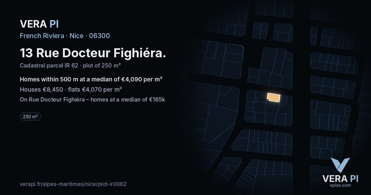 13 Rue Docteur Fighiéra, Nice at night – the plot lit, the parcels around coloured by the prices near them