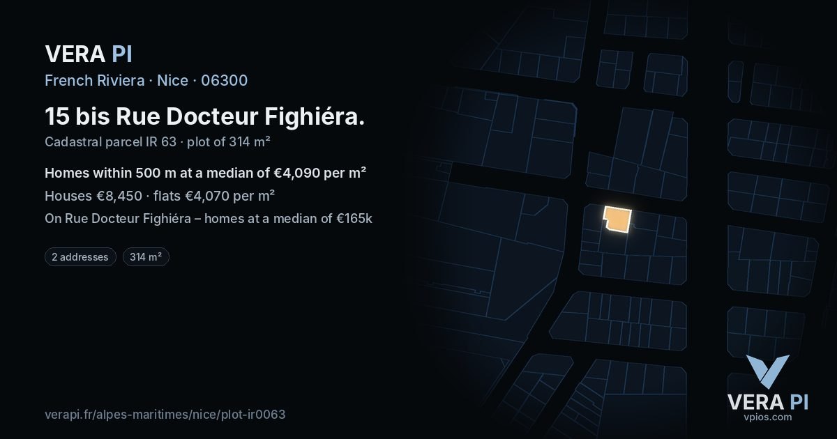 15 bis Rue Docteur Fighiéra, Nice at night – the plot lit, the parcels around coloured by the prices near them