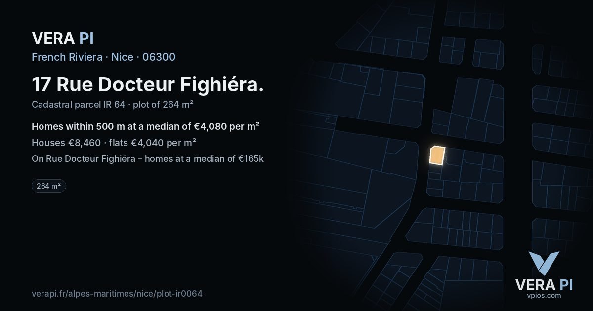 17 Rue Docteur Fighiéra, Nice at night – the plot lit, the parcels around coloured by the prices near them