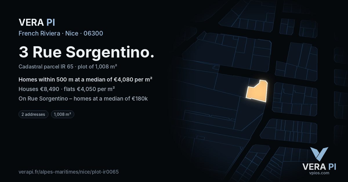 3 Rue Sorgentino, Nice at night – the plot lit, the parcels around coloured by the prices near them