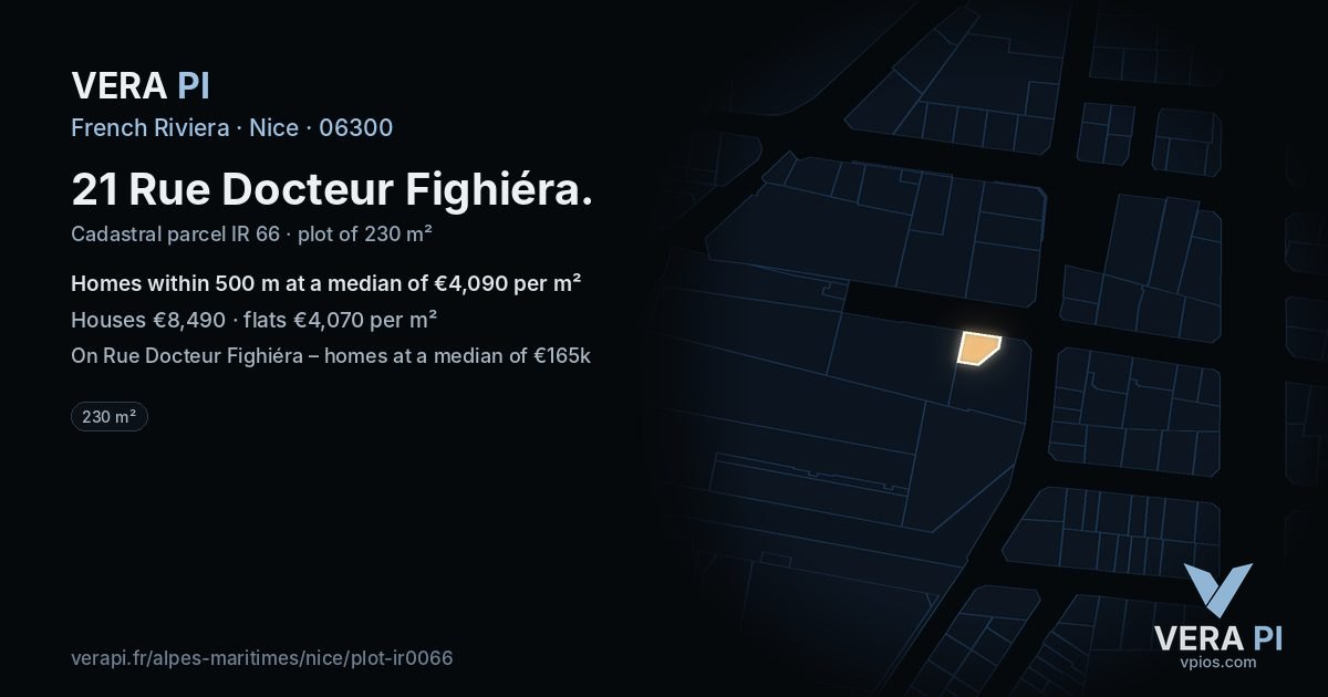 21 Rue Docteur Fighiéra, Nice at night – the plot lit, the parcels around coloured by the prices near them
