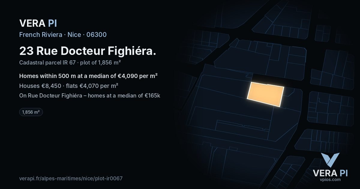 23 Rue Docteur Fighiéra, Nice at night – the plot lit, the parcels around coloured by the prices near them