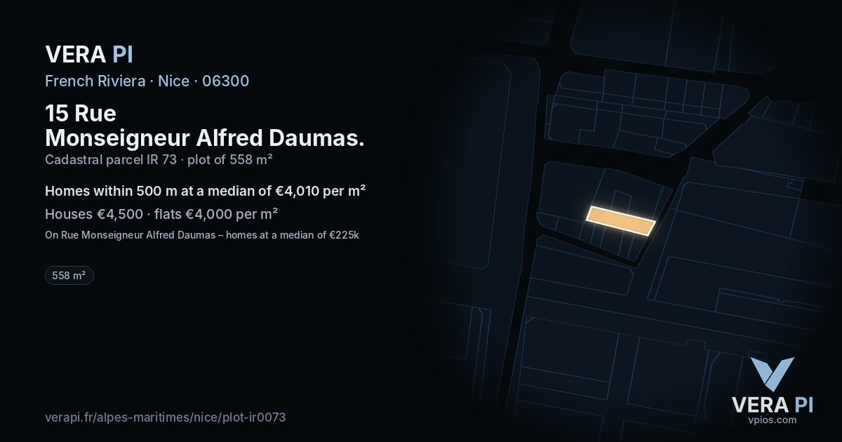 15 Rue Monseigneur Alfred Daumas, Nice at night – the plot lit, the parcels around coloured by the prices near them