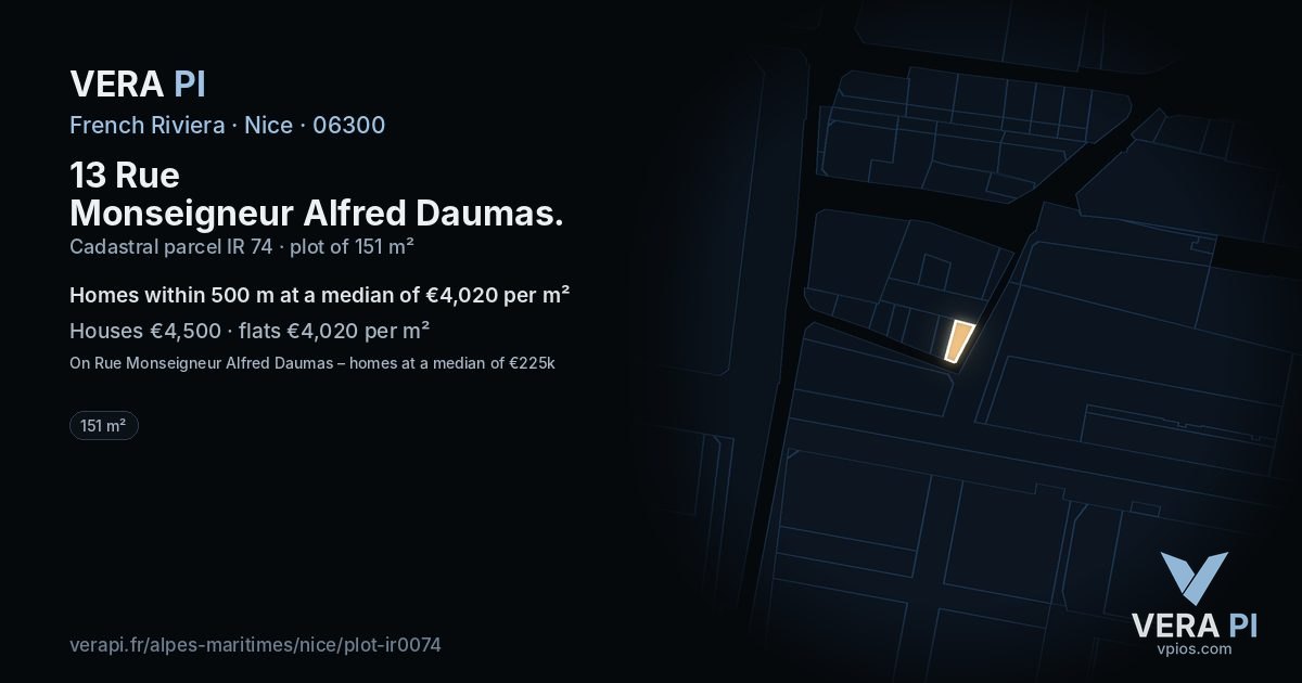13 Rue Monseigneur Alfred Daumas, Nice at night – the plot lit, the parcels around coloured by the prices near them