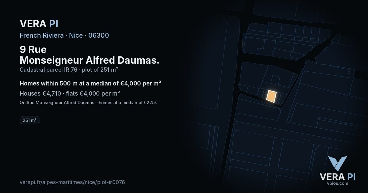 9 Rue Monseigneur Alfred Daumas, Nice at night – the plot lit, the parcels around coloured by the prices near them