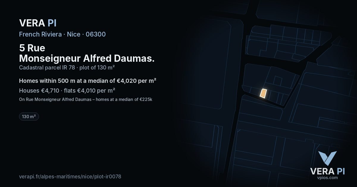 5 Rue Monseigneur Alfred Daumas, Nice at night – the plot lit, the parcels around coloured by the prices near them