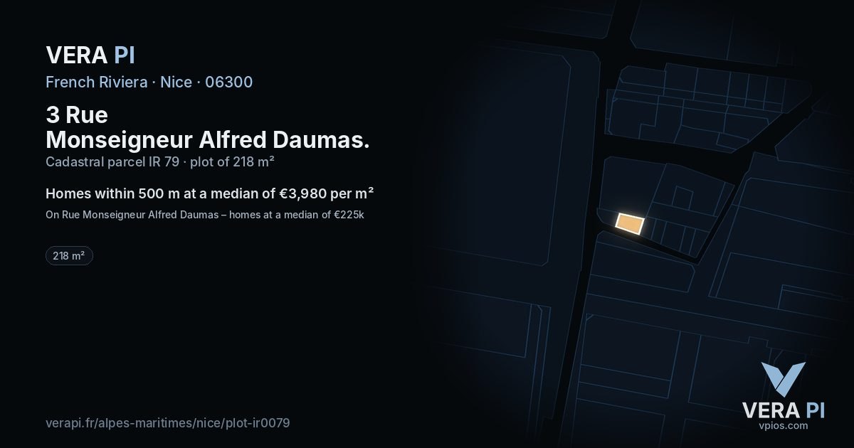 3 Rue Monseigneur Alfred Daumas, Nice at night – the plot lit, the parcels around coloured by the prices near them
