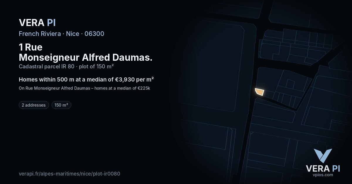 1 Rue Monseigneur Alfred Daumas, Nice at night – the plot lit, the parcels around coloured by the prices near them