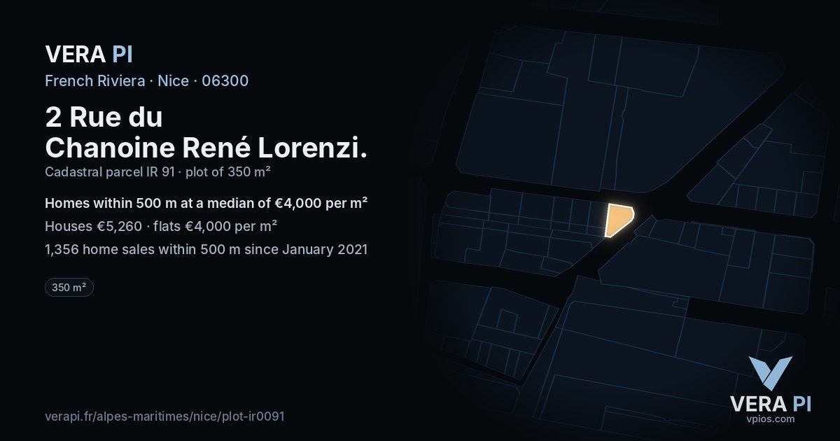 2 Rue du Chanoine René Lorenzi, Nice at night – the plot lit, the parcels around coloured by the prices near them