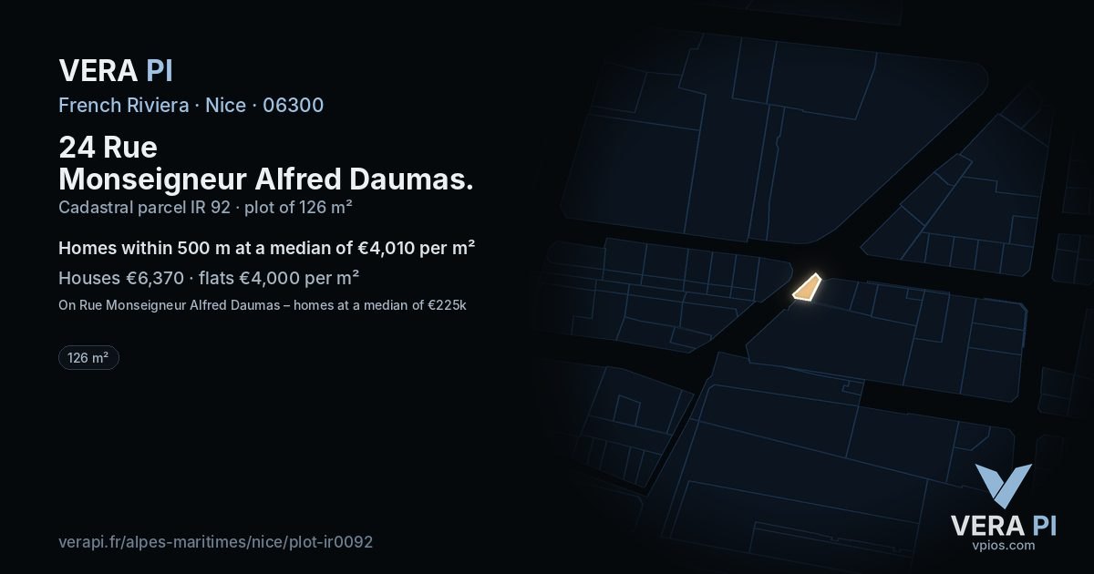 24 Rue Monseigneur Alfred Daumas, Nice at night – the plot lit, the parcels around coloured by the prices near them