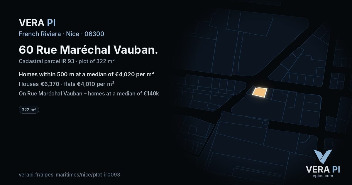 60 Rue Maréchal Vauban, Nice at night – the plot lit, the parcels around coloured by the prices near them