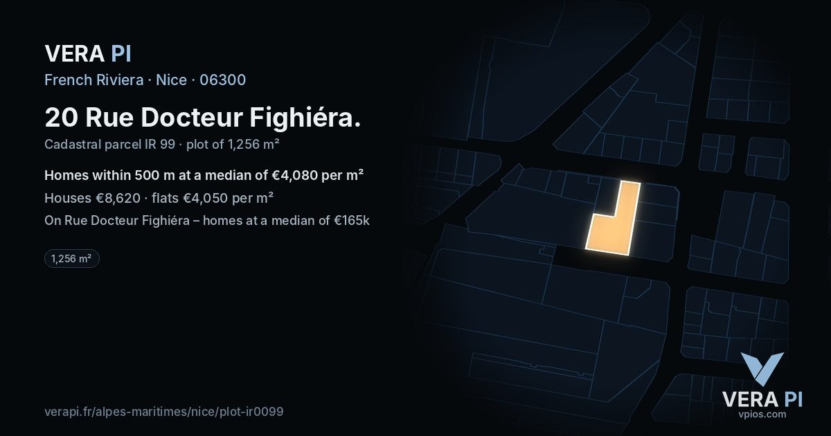 20 Rue Docteur Fighiéra, Nice at night – the plot lit, the parcels around coloured by the prices near them
