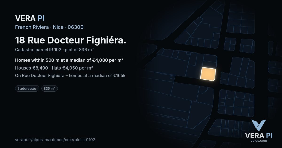 18 Rue Docteur Fighiéra, Nice at night – the plot lit, the parcels around coloured by the prices near them