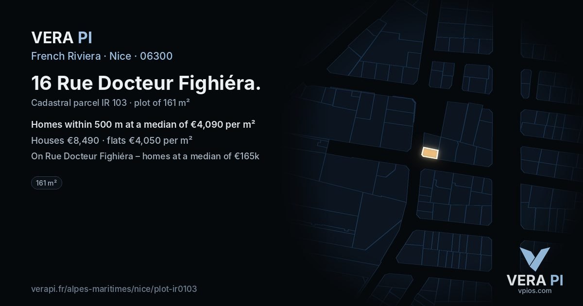 16 Rue Docteur Fighiéra, Nice at night – the plot lit, the parcels around coloured by the prices near them