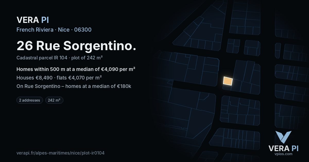26 Rue Sorgentino, Nice at night – the plot lit, the parcels around coloured by the prices near them