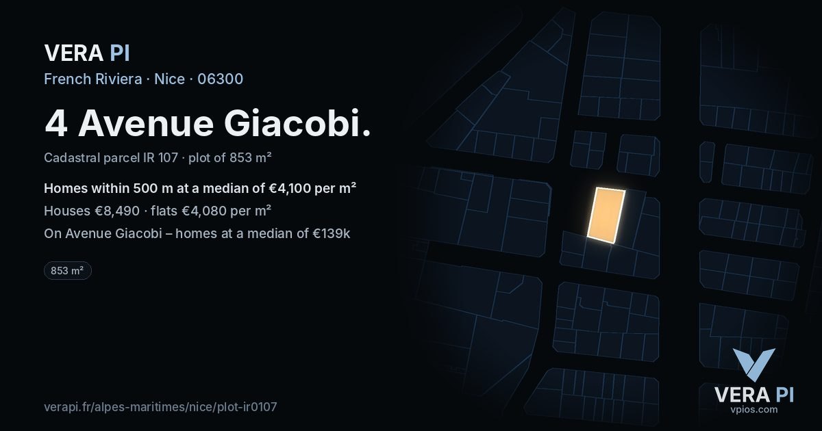 4 Avenue Giacobi, Nice at night – the plot lit, the parcels around coloured by the prices near them