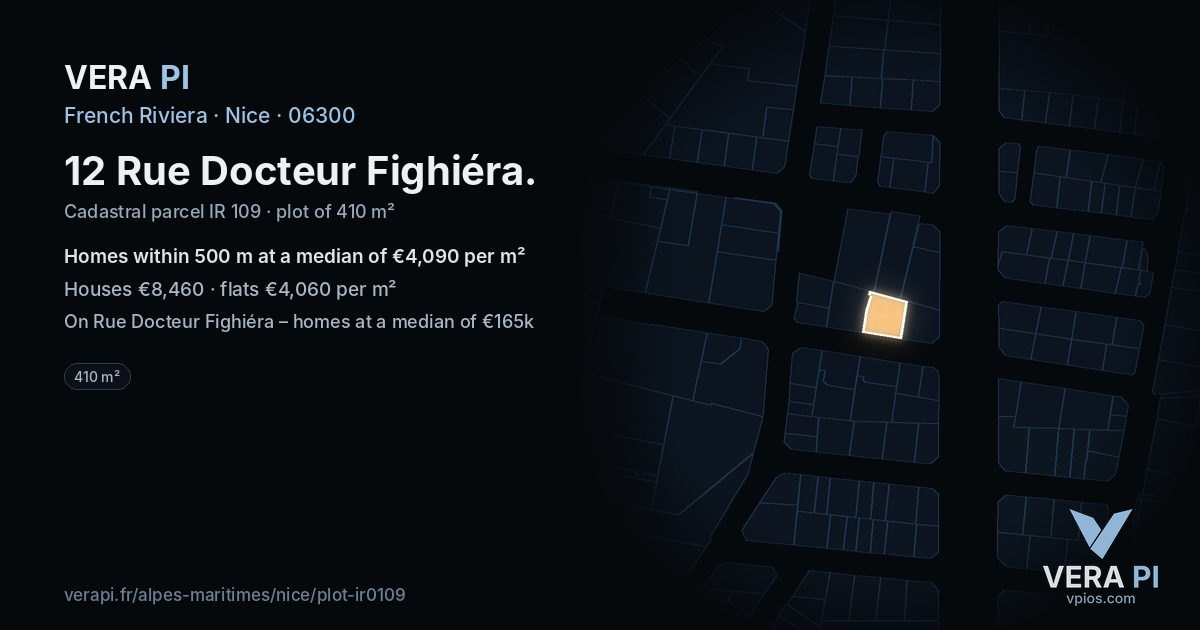 12 Rue Docteur Fighiéra, Nice at night – the plot lit, the parcels around coloured by the prices near them