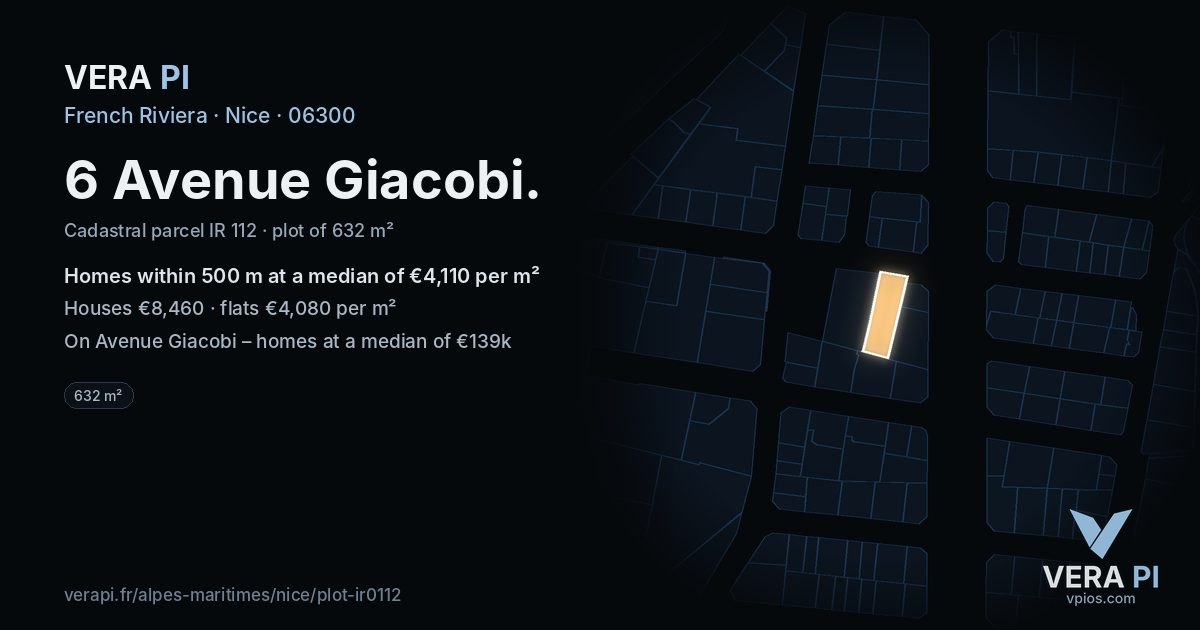 6 Avenue Giacobi, Nice at night – the plot lit, the parcels around coloured by the prices near them