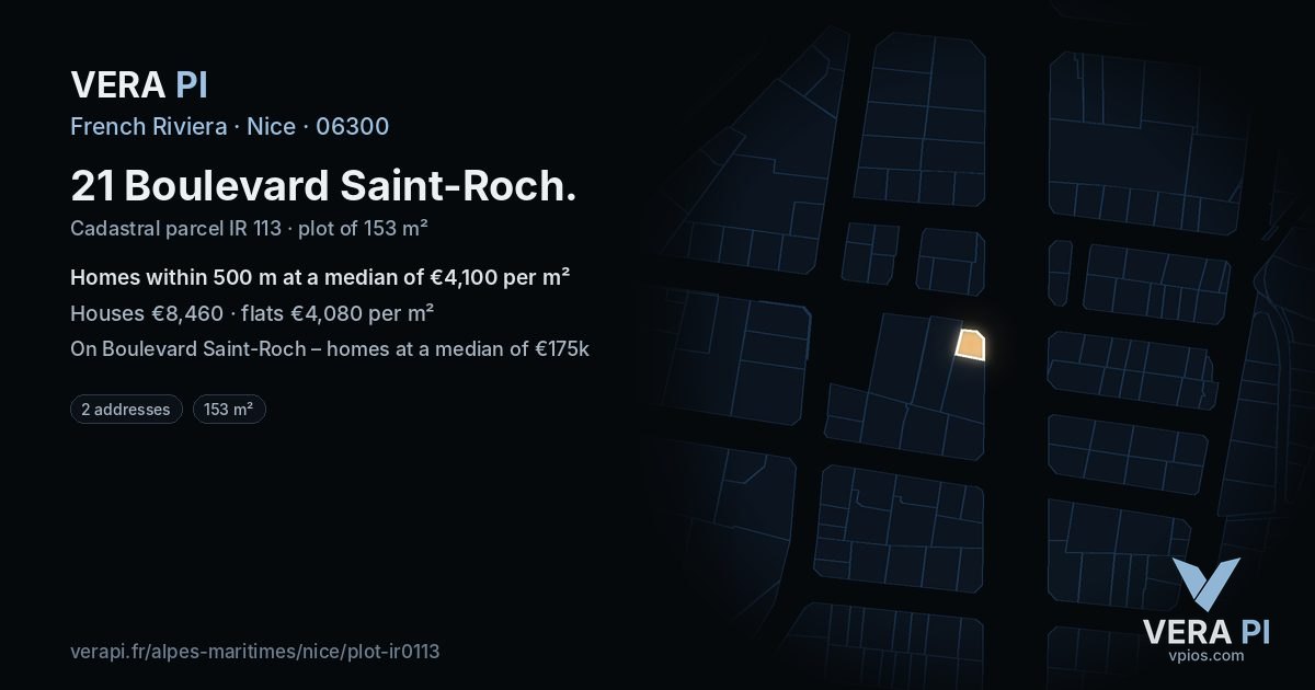 21 Boulevard Saint-Roch, Nice at night – the plot lit, the parcels around coloured by the prices near them