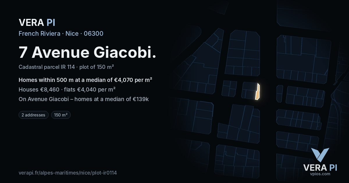7 Avenue Giacobi, Nice at night – the plot lit, the parcels around coloured by the prices near them