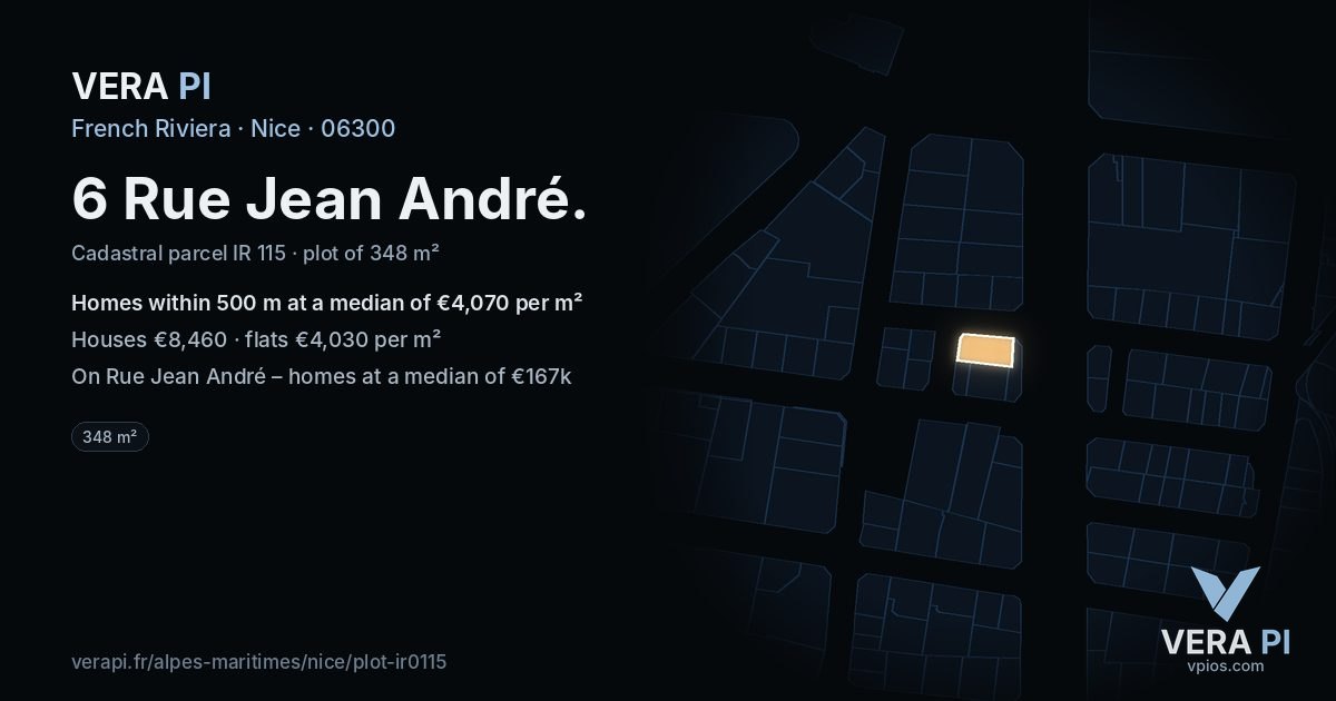 6 Rue Jean André, Nice at night – the plot lit, the parcels around coloured by the prices near them