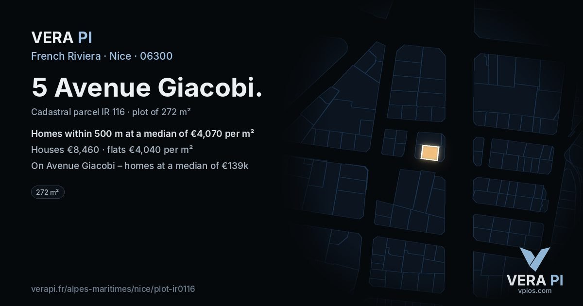 5 Avenue Giacobi, Nice at night – the plot lit, the parcels around coloured by the prices near them