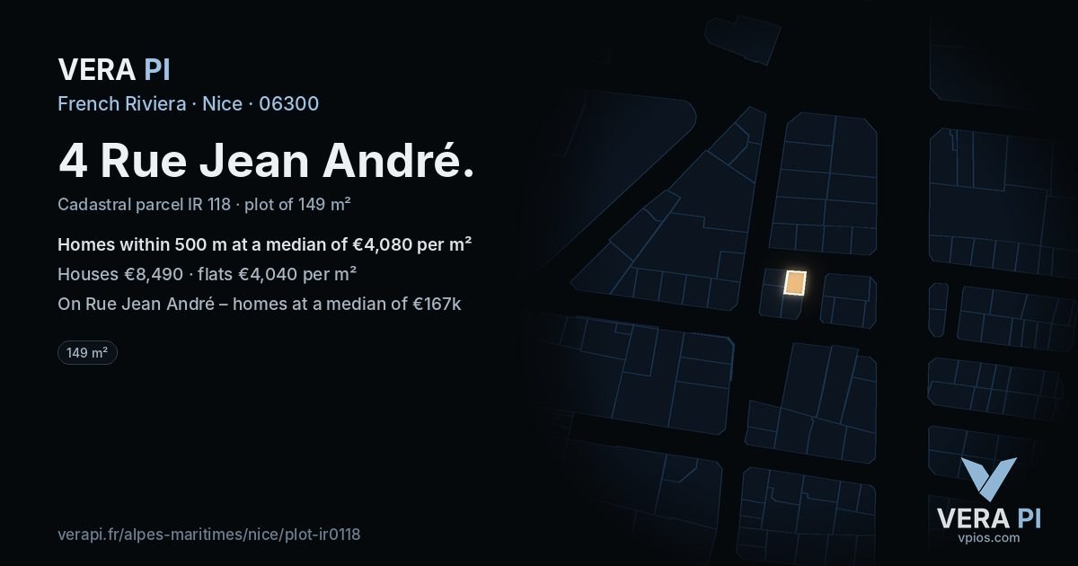 4 Rue Jean André, Nice at night – the plot lit, the parcels around coloured by the prices near them