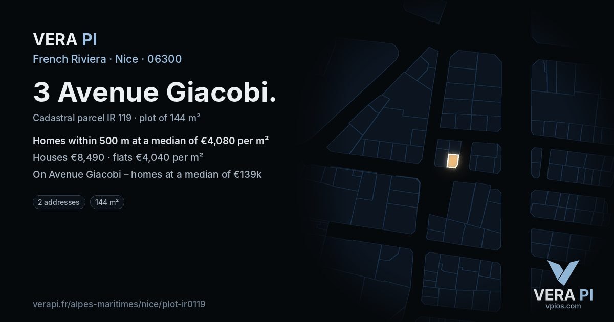 3 Avenue Giacobi, Nice at night – the plot lit, the parcels around coloured by the prices near them