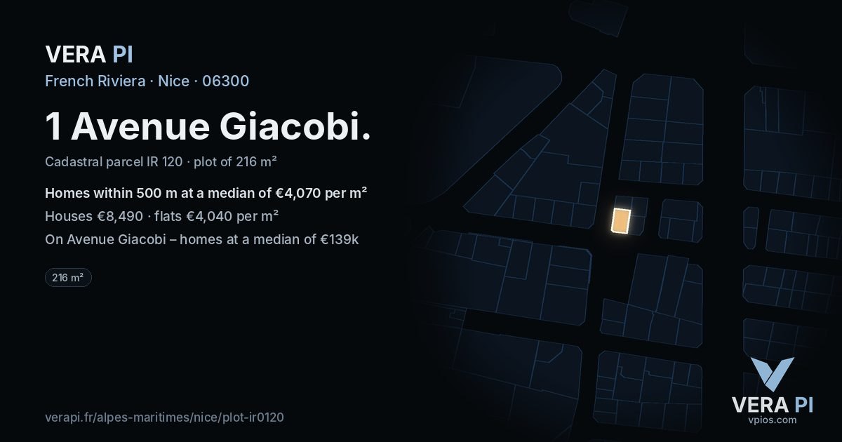 1 Avenue Giacobi, Nice at night – the plot lit, the parcels around coloured by the prices near them