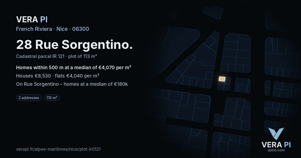28 Rue Sorgentino, Nice at night – the plot lit, the parcels around coloured by the prices near them