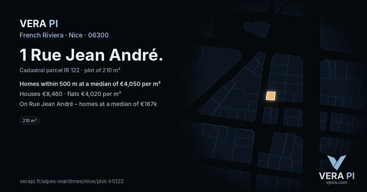 1 Rue Jean André, Nice at night – the plot lit, the parcels around coloured by the prices near them