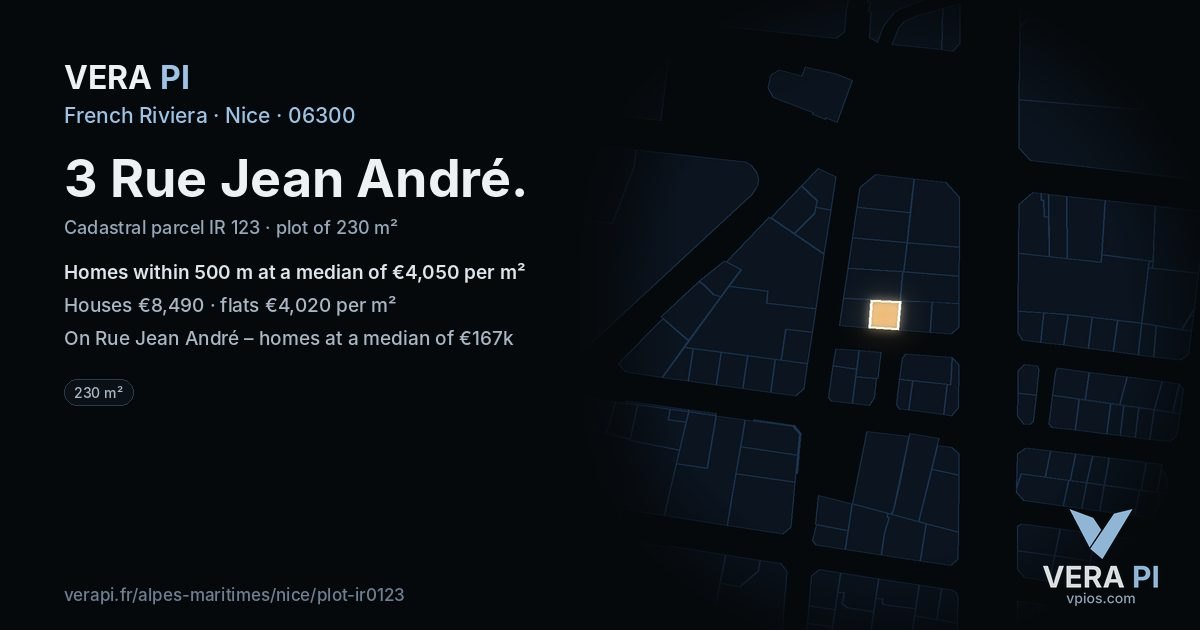 3 Rue Jean André, Nice at night – the plot lit, the parcels around coloured by the prices near them