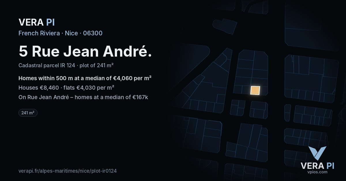 5 Rue Jean André, Nice at night – the plot lit, the parcels around coloured by the prices near them