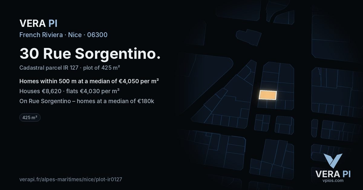 30 Rue Sorgentino, Nice at night – the plot lit, the parcels around coloured by the prices near them