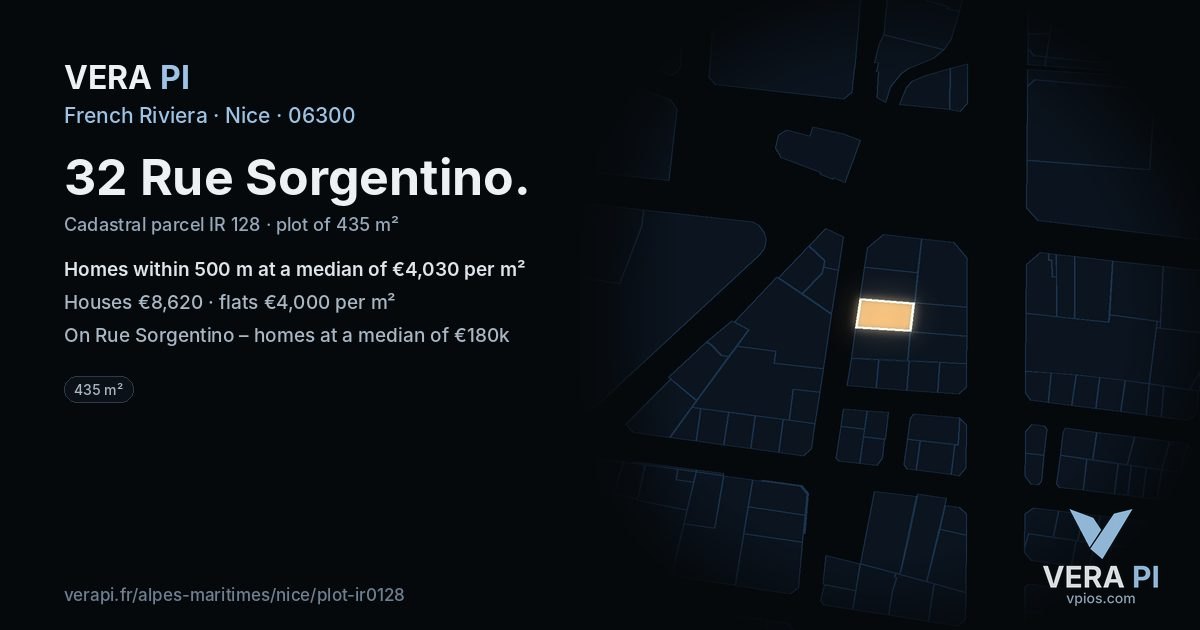 32 Rue Sorgentino, Nice at night – the plot lit, the parcels around coloured by the prices near them