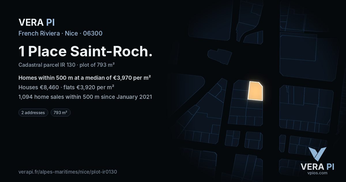 1 Place Saint-Roch, Nice at night – the plot lit, the parcels around coloured by the prices near them