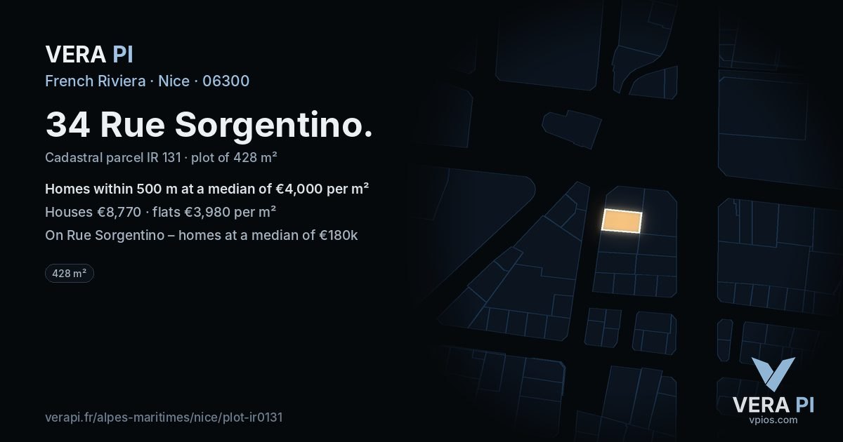 34 Rue Sorgentino, Nice at night – the plot lit, the parcels around coloured by the prices near them