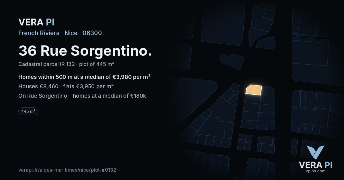 36 Rue Sorgentino, Nice at night – the plot lit, the parcels around coloured by the prices near them