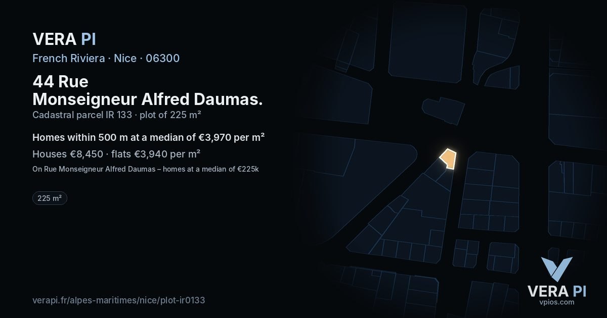 44 Rue Monseigneur Alfred Daumas, Nice at night – the plot lit, the parcels around coloured by the prices near them