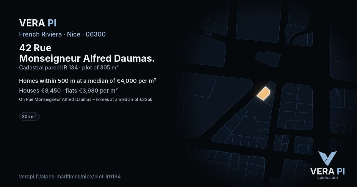 42 Rue Monseigneur Alfred Daumas, Nice at night – the plot lit, the parcels around coloured by the prices near them