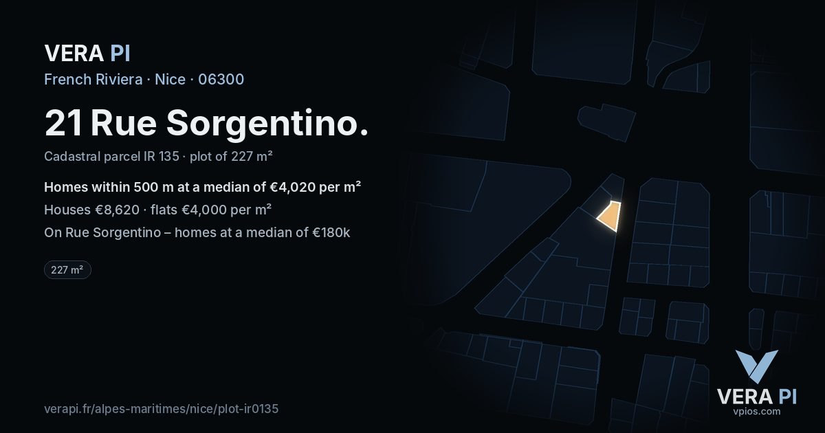 21 Rue Sorgentino, Nice at night – the plot lit, the parcels around coloured by the prices near them