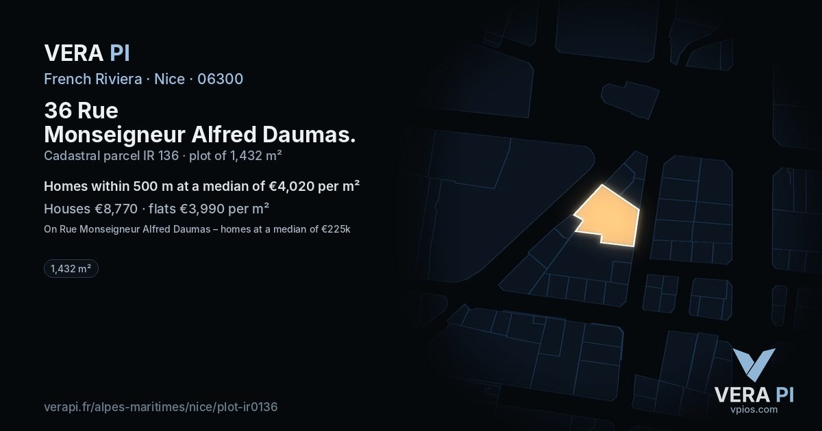 36 Rue Monseigneur Alfred Daumas, Nice at night – the plot lit, the parcels around coloured by the prices near them