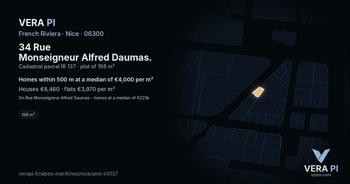 34 Rue Monseigneur Alfred Daumas, Nice at night – the plot lit, the parcels around coloured by the prices near them