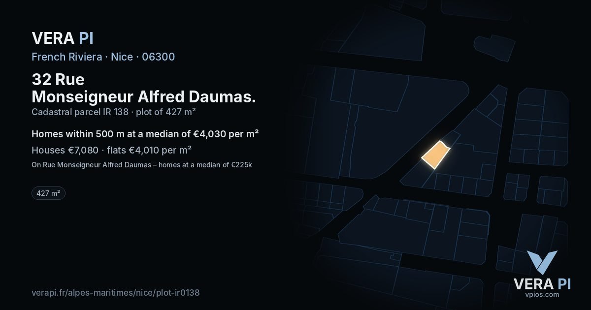 32 Rue Monseigneur Alfred Daumas, Nice at night – the plot lit, the parcels around coloured by the prices near them