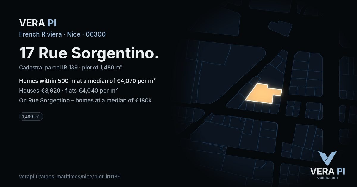 17 Rue Sorgentino, Nice at night – the plot lit, the parcels around coloured by the prices near them