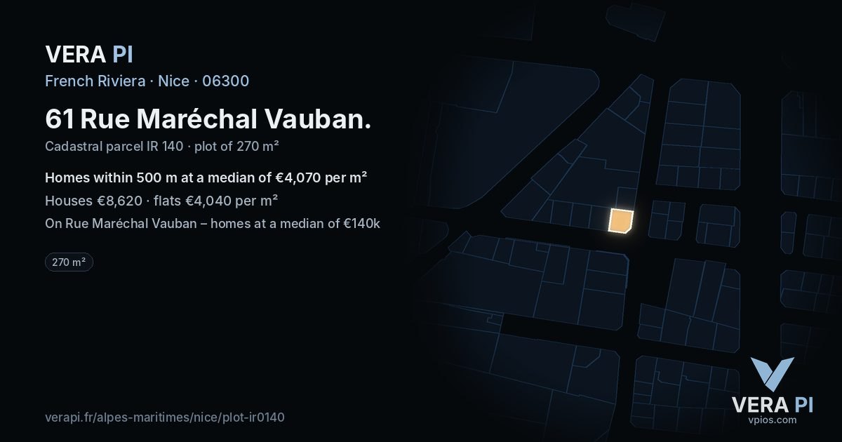 61 Rue Maréchal Vauban, Nice at night – the plot lit, the parcels around coloured by the prices near them