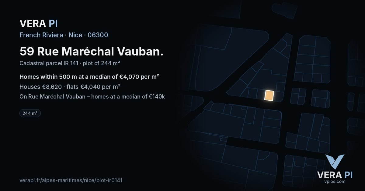 59 Rue Maréchal Vauban, Nice at night – the plot lit, the parcels around coloured by the prices near them