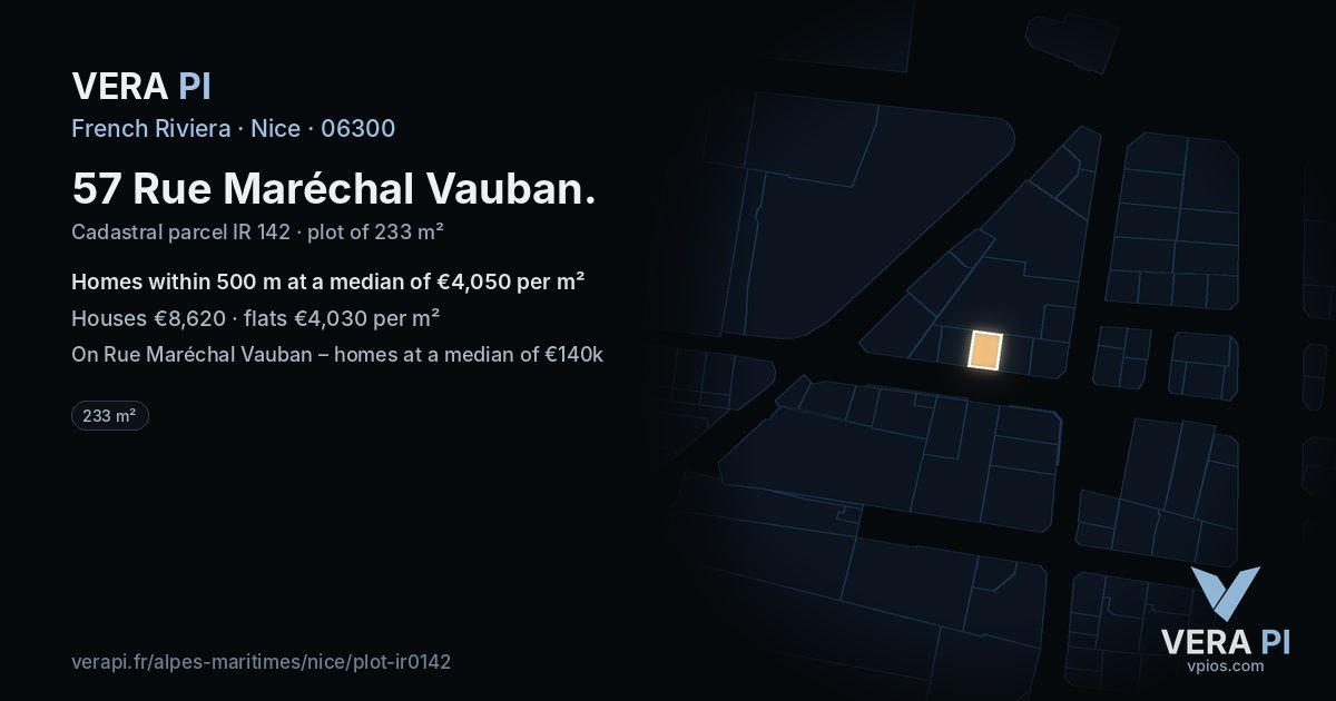 57 Rue Maréchal Vauban, Nice at night – the plot lit, the parcels around coloured by the prices near them