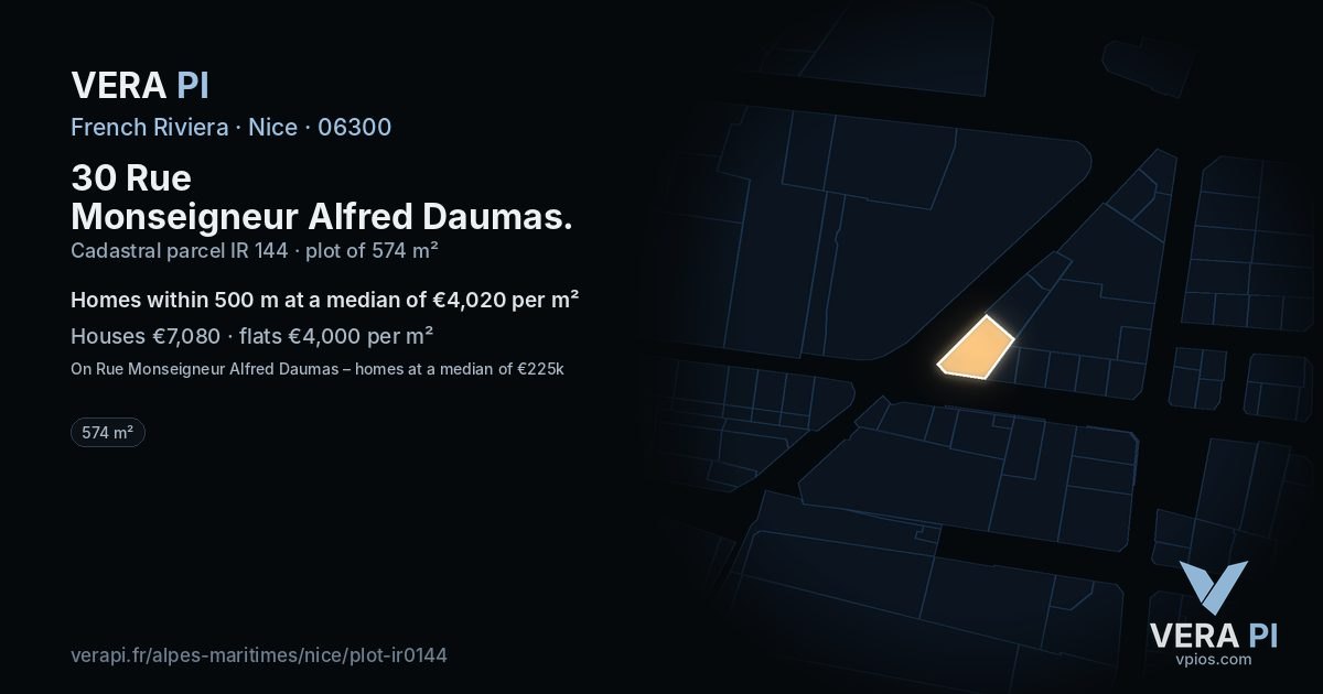 30 Rue Monseigneur Alfred Daumas, Nice at night – the plot lit, the parcels around coloured by the prices near them